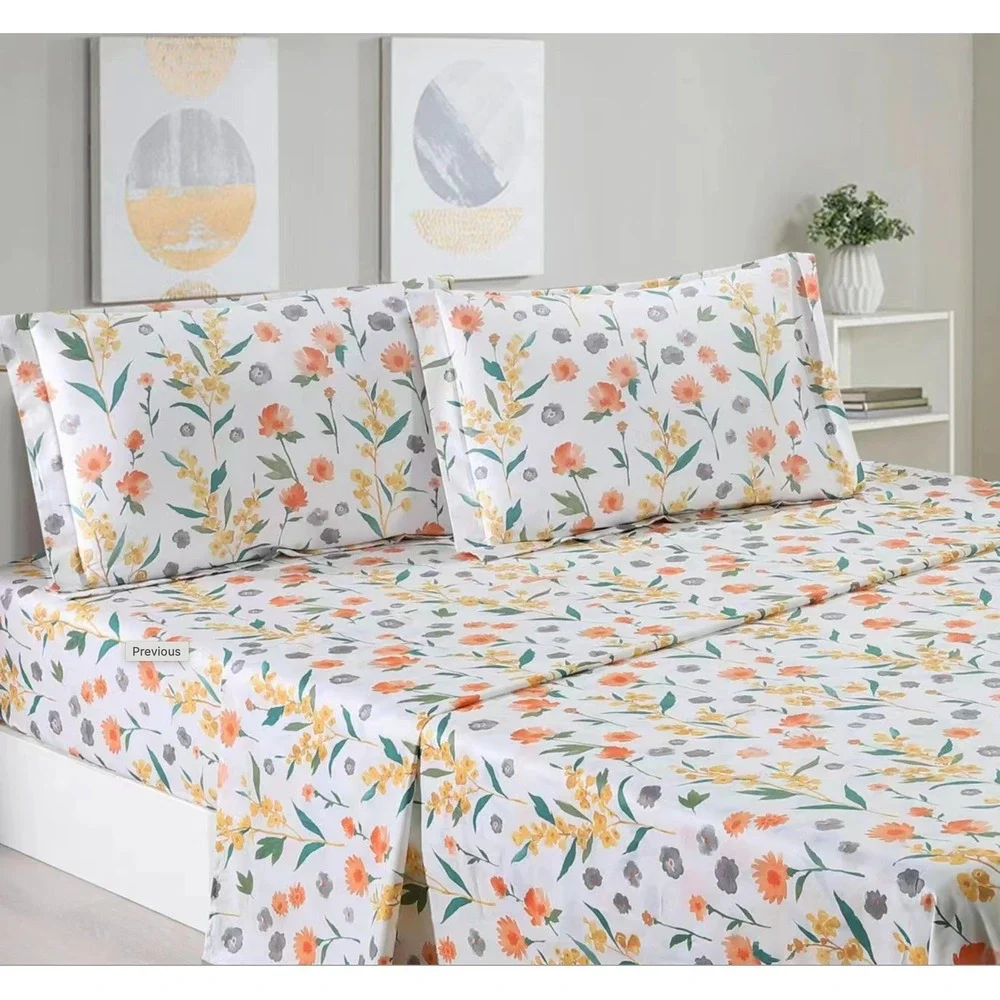 Estella‎ Orange White Floral 100% Cotton Sheet Set with Pillowcase Twin XL